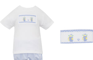 Your little one will look adorable on the green in our Toddler Boys Golf Smocked Short Set from Petit Bebe! Made from soft, light blue knit material, this outfit features a charming smocked embroidered golf bags design on the white tee and coordinating light blue cotton shorts. Perfect for a day at the club, this outfit is sure to make a statement! Matching brother Jon Jon available.&nbsp;