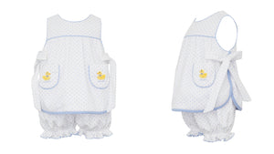 Transform your little one into the cutest duckling with our Petite Bebe Embroidered Ducks Polka Dot Bloomer Set! This charming set features a white and blue polka dot sundress and bloomer, accented with adorable embroidered ducks. Dress them up in style and comfort - perfect for infant and toddler girls!