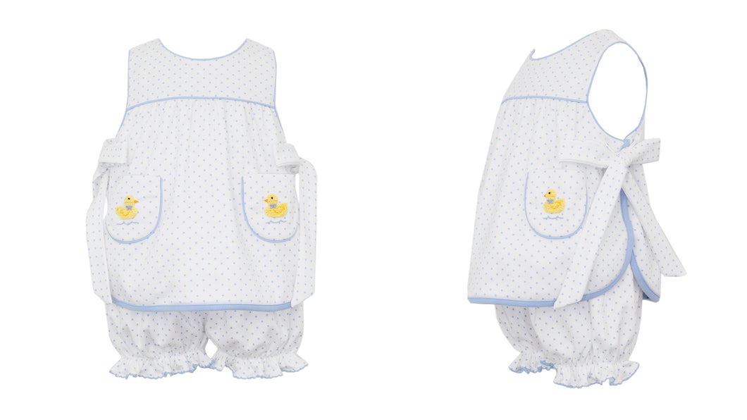 Transform your little one into the cutest duckling with our Petite Bebe Embroidered Ducks Polka Dot Bloomer Set! This charming set features a white and blue polka dot sundress and bloomer, accented with adorable embroidered ducks. Dress them up in style and comfort - perfect for infant and toddler girls!