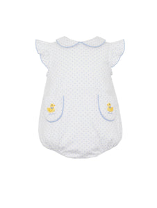 Transform your little one into the cutest duckling with our Petite Bebe Embroidered Ducks Polka Dot Bubble! This charming bubble features a white and blue polka dot design and peter pan collar, accented with adorable, embroidered ducks. Dress them up in style and comfort - perfect for infant and toddler girls!