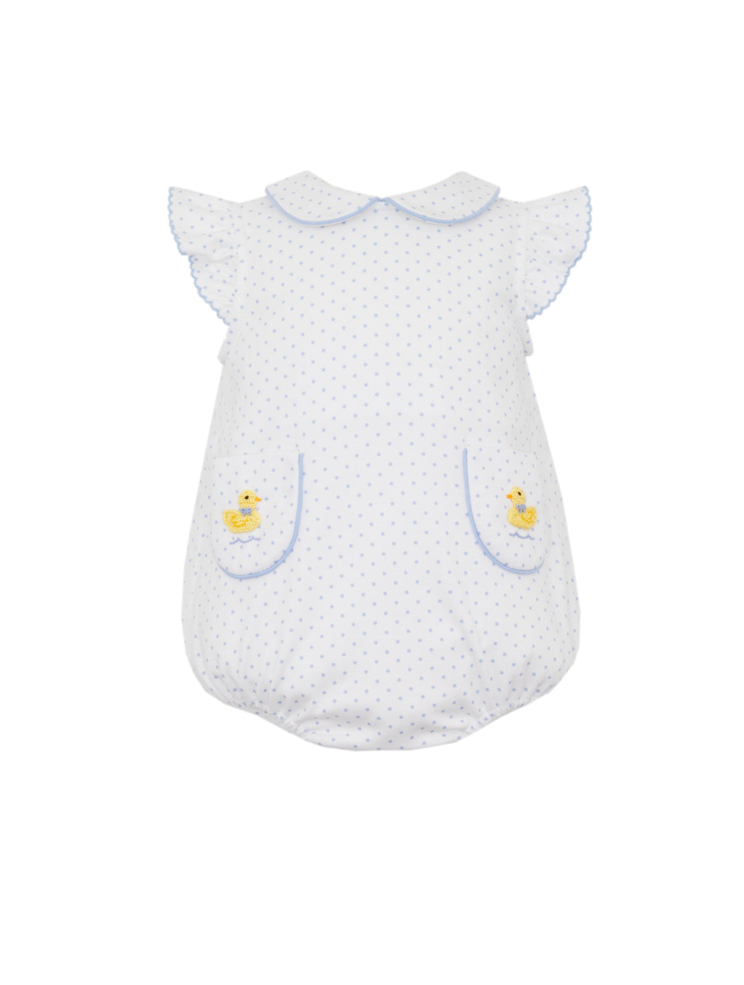Transform your little one into the cutest duckling with our Petite Bebe Embroidered Ducks Polka Dot Bubble! This charming bubble features a white and blue polka dot design and peter pan collar, accented with adorable, embroidered ducks. Dress them up in style and comfort - perfect for infant and toddler girls!
