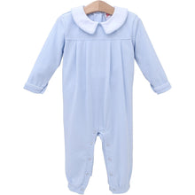 Load image into Gallery viewer, The Henry Romper by Jellybean wraps your little boy in soft, light blue stripes and a charming white Peter Pan collar, combining timeless style with all-day comfort. Perfect for sunny days or special moments, it brings classic charm to every tiny adventure!
