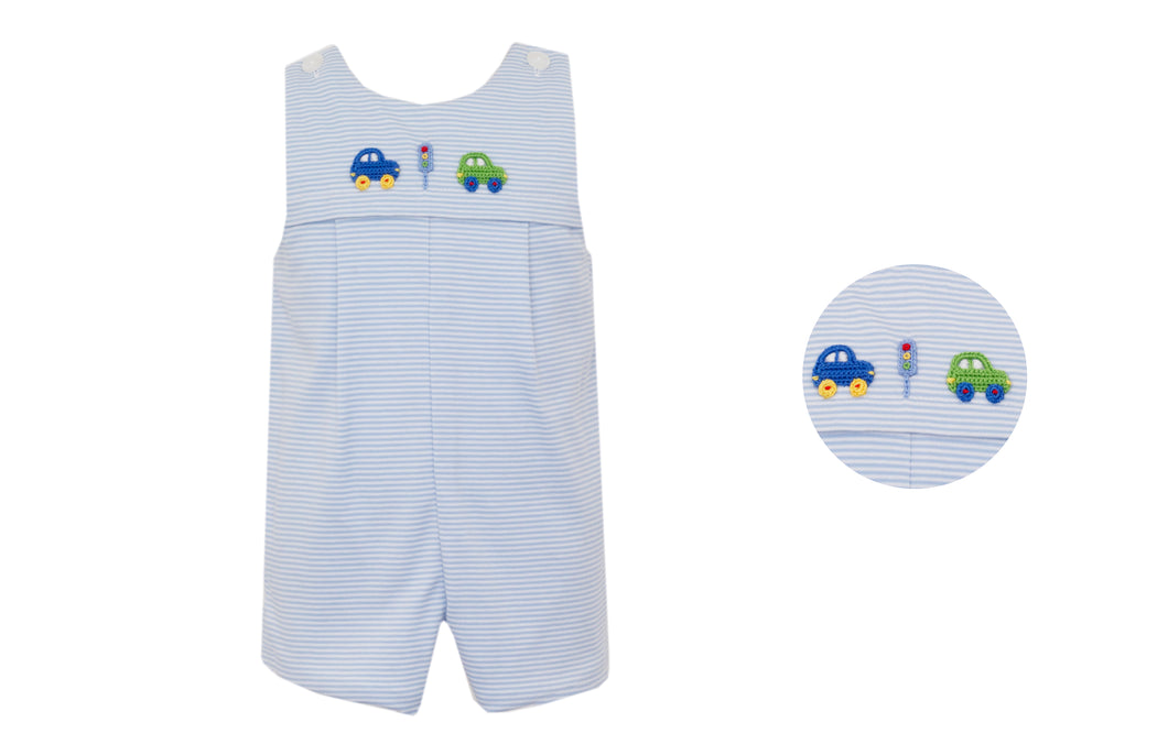 Introduce your little one to the world of cars with our Infant Boys Embroidered Cars Knit Stripe Jon Jon. Made from soft knit material, this jon jon features light blue and white stripes, along with cute embroidered cars and a traffic light. Classic and sweet, perfect for your car enthusiast!