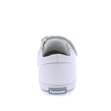 Load image into Gallery viewer, Footmates Reese White Leather Sneaker- Leather blucher oxford vulcanized sneaker featuring hook-and-loop closure and decorative elasticized false-laces.
Custom Fit System – Removable,&nbsp;dual&nbsp;insoles in Medium and Wide provided for customized fitting.
Roomy Toe Box – Allows tiny toes room to breathe and splay naturally during walking, enhancing balance and reducing rubbing, friction, and moisture.
Arch Support – Shoe last and insole designed to provide proper arch support for developing feet.
Firm He
