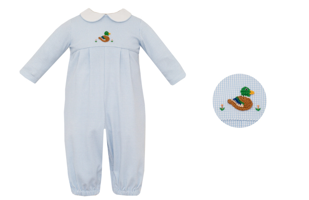Dress your little one in timeless charm with the Infant Boy's Embroidered Mallard Long Romper from Petit Bebe. Crafted from soft knit fabric in a gentle blue and white checked pattern, it features a crisp white Peter Pan collar with delicate piping for a refined touch. The adorable embroidered Mallard Duck on the chest adds a sweet, classic detail that makes this romper perfect for any special occasion or everyday wear. Comfortable and stylish, it’s designed to keep your baby cozy while looking irresistibly