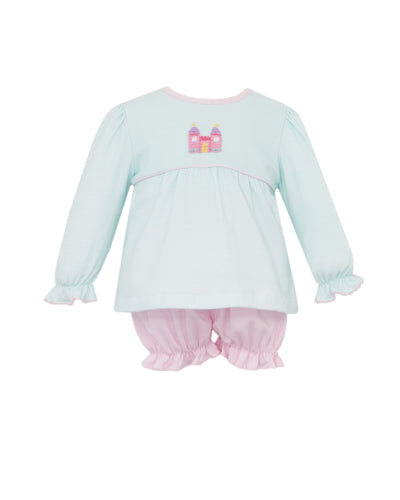 Dress your little one in the charming Princess Castle Aqua Stripe Bloomer Set by Petit Bebe. This delightful outfit includes a soft knit long sleeve tunic adorned with an embroidered castle, paired perfectly with gentle pink bloomers. Designed for comfort and style, it’s ideal for everyday wear or special moments, making your child feel like royalty while staying cozy all day.