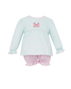 Dress your little one in the charming Princess Castle Aqua Stripe Bloomer Set by Petit Bebe. This delightful outfit includes a soft knit long sleeve tunic adorned with an embroidered castle, paired perfectly with gentle pink bloomers. Designed for comfort and style, it’s ideal for everyday wear or special moments, making your child feel like royalty while staying cozy all day.