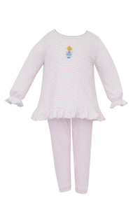 Dress your little one in the charming Cinderella Pink Knit Stripe Legging Set by Petit Bebe. Crafted from soft knit fabric, this set offers gentle comfort while showcasing delicate pink and white striped tunic with an embroidered Cinderella detail to add a magical touch. Coordinating pink leggings making it perfect for everyday wear or special moments. Easy to wear and irresistibly cute, this legging set combines style and coziness for your child’s wardrobe.