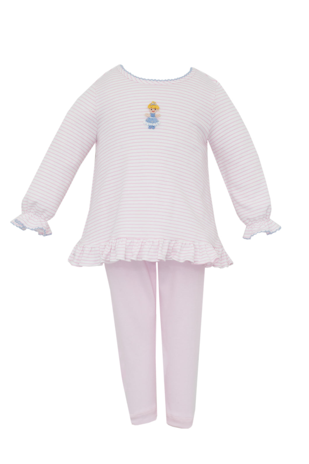 Dress your little one in the charming Cinderella Pink Knit Stripe Legging Set by Petit Bebe. Crafted from soft knit fabric, this set offers gentle comfort while showcasing delicate pink and white striped tunic with an embroidered Cinderella detail to add a magical touch. Coordinating pink leggings making it perfect for everyday wear or special moments. Easy to wear and irresistibly cute, this legging set combines style and coziness for your child’s wardrobe.