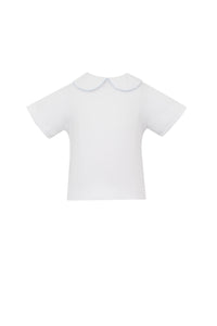 Upgrade your little one's wardrobe with our Boys Knit Shirt with Light Blue Piping. Made from soft cotton, this shirt features a charming peter pan collar and subtle white piping detail. Perfectly pairs with any of our Jon Jon's for a complete, stylish look.