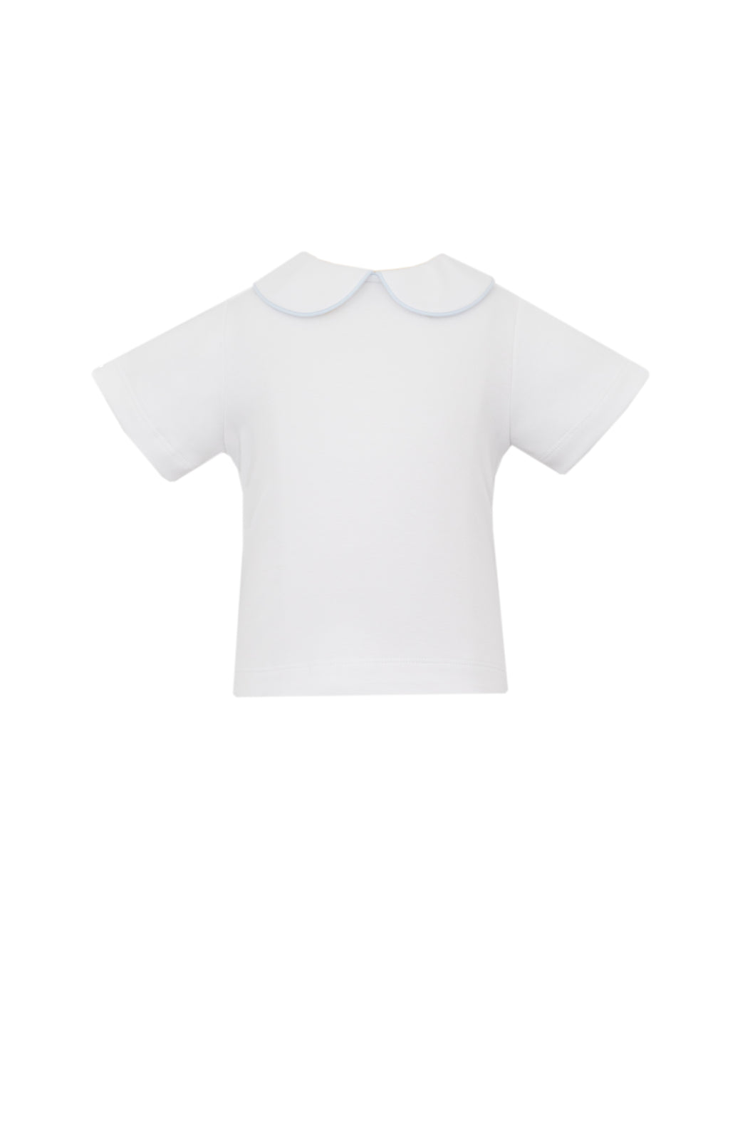 Upgrade your little one's wardrobe with our Boys Knit Shirt with Light Blue Piping. Made from soft cotton, this shirt features a charming peter pan collar and subtle white piping detail. Perfectly pairs with any of our Jon Jon's for a complete, stylish look.