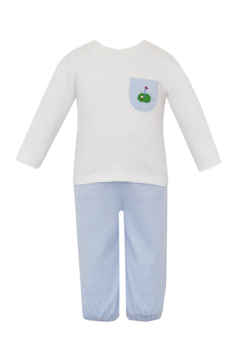Dress your little one in classic charm with the Boy's Golf Tee and Pant Set. The crisp white tee features a subtle embroidered golf detail on the front pocket, adding a playful yet refined touch. Paired with coordinating blue and white striped bloomer pants, this set offers both comfort and style perfect for playtime or outings. Made for easy movement and effortless coordination, it’s an ideal choice for a young golfer in training.