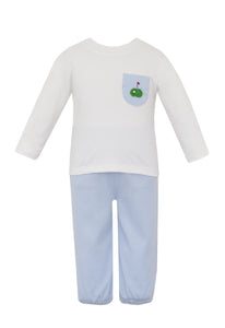 Dress your little one in classic charm with the Boy's Golf Tee and Pant Set. The crisp white tee features a subtle embroidered golf detail on the front pocket, adding a playful yet refined touch. Paired with coordinating blue and white striped bloomer pants, this set offers both comfort and style perfect for playtime or outings. Made for easy movement and effortless coordination, it’s an ideal choice for a young golfer in training.