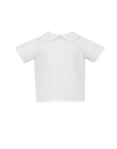 Upgrade your little one's wardrobe with our Boys Woven White Shirt with White Piping. Made from soft twill, this shirt features a charming peter pan collar and subtle white piping detail. Perfectly pairs with any of our Jon Jon's for a complete, stylish look.