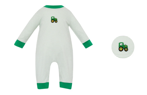 Crafted for comfort and cuteness, this Embroidered Green Stripe Knit Long Romper features soft, breathable fabric with charming green stripes and a delightful tractor embroidery that adds playful character. Designed to keep infant boys cozy and stylish all day, its long sleeves and full coverage ensure warmth without sacrificing ease of movement. 