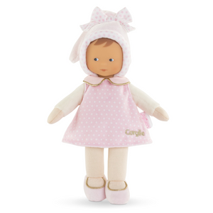Miss: The essential soft baby doll for the very young.
Perfect to go everywhere baby does, Miss Starry Dreams is the small doll that will never be left behind. 

She's perfectly sized (9.8" tall) for tiny hands to grasp and hold by her stocking cap, hat, arms, legs, even her dress and is made of ultra-soft fabric that makes her very cuddly. Her sweet, realistic vinyl face charms and comforts baby and is delicately scented with vanilla, a Corolle signature.

A plus for parents: Miss Starry Dreams soft baby d
