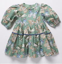 Load image into Gallery viewer, Pink Chicken’s Girls Maribelle Dress in Green Butterflies brings playful elegance to every twirl. The delicate butterfly print and navy velour ribbon trim create a charming look that delights and inspires confidence in every step. Perfect for joyful moments and unforgettable memories!

