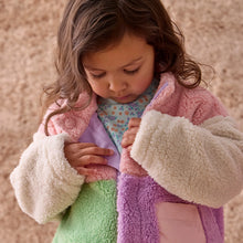 Load image into Gallery viewer, Magnetic Me’s Pink Colorblock Sherpa Girls Magnetic Jacket is designed with magnetic closures that fasten in a flash. For warmth without the bulk, it’s made from fluffy sherpa fleece and is lined with soft organic cotton. A roomy hood and front pockets keep little ones adorably, comfortably toasty.
