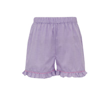 Load image into Gallery viewer, Experience the magic of our Girl's Princess Castle Smocked Short Set by Anavini. This adorable set includes a pink knit ruffle sleeve tee adorned with a charming princess castle smocking and lilac gingham shorts. Your little princess will look and feel like royalty in this enchanting outfit.
