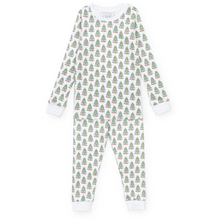 Load image into Gallery viewer, Celebrate cozy holiday moments with the Grayson Pajama Pant Set - Under the Christmas Tree by Lila &amp; Hayes. This two-piece lounge set features a charming Christmas tree print on a soft, long-sleeved top and matching pants. Crafted from 100% Peruvian Pima cotton, it ensures exceptional comfort and breathability. Thoughtfully designed for durability and comfort, these pajamas make an ideal gift to keep your little ones warm and festive all season long. Unisex style.
