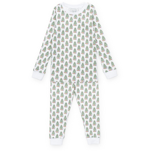 Celebrate cozy holiday moments with the Grayson Pajama Pant Set - Under the Christmas Tree by Lila &amp; Hayes. This two-piece lounge set features a charming Christmas tree print on a soft, long-sleeved top and matching pants. Crafted from 100% Peruvian Pima cotton, it ensures exceptional comfort and breathability. Thoughtfully designed for durability and comfort, these pajamas make an ideal gift to keep your little ones warm and festive all season long. Unisex style.