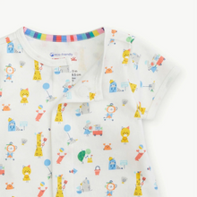 Load image into Gallery viewer, With a swift click of the signature magnets, this Seaside Sand Squad short sleeve romper opens and closes oh-so easily down the front. a must-have for when it&#39;s warm out, the softest organic cotton and thoughtful design give it the comfiest fit.
GOTS certified organic cotton: grown without pesticides &amp; free of harsh chemicals.
SewSafe™ magnetic closures down the front make for easy dressing &amp; changing.
easy care, machine wash.
