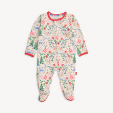 Load image into Gallery viewer, The Sugar Plum Dreams Footie makes bedtime effortless with a magnetized top that opens swiftly for easy, independent dressing. Crafted from durable modal fabric, these pajamas offer a silky soft feel and comfortable stretch. Featuring a charming and sophisticated Christmas holiday print, they combine style with sustainability for cozy nights.
