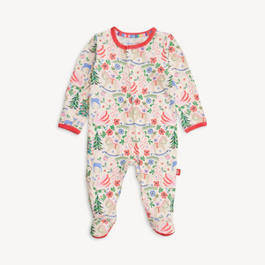 The Sugar Plum Dreams Footie makes bedtime effortless with a magnetized top that opens swiftly for easy, independent dressing. Crafted from durable modal fabric, these pajamas offer a silky soft feel and comfortable stretch. Featuring a charming and sophisticated Christmas holiday print, they combine style with sustainability for cozy nights.