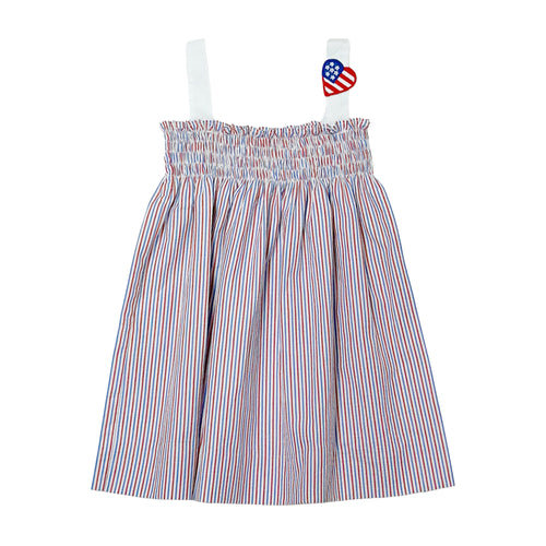 Celebrate your little one's love for the stars and stripes with our Toddler Girls 4th of July Patriotic Donna Dress! Made from seersucker fabric in patriotic red, white, and blue, this romper features a smocked bodice and adorable heart US flag embellishment. Perfect for showing off her American pride! Little sister matching romper available in infant sizes 12-24m.