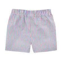 Load image into Gallery viewer, Get your little man ready for Independence Day with Boys 4th of July Striped Leo Seersucker Shorts from Zuccini Kids. Made with red, white, and blue seersucker stripes, these shorts are the perfect addition to a festive, patriotic outfit. Don&#39;t forget to pair them with our matching Harry&#39;s play tee for the ultimate 4th of July look!
