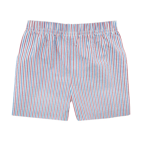 Get your little man ready for Independence Day with Boys 4th of July Striped Leo Seersucker Shorts from Zuccini Kids. Made with red, white, and blue seersucker stripes, these shorts are the perfect addition to a festive, patriotic outfit. Don't forget to pair them with our matching Harry's play tee for the ultimate 4th of July look!