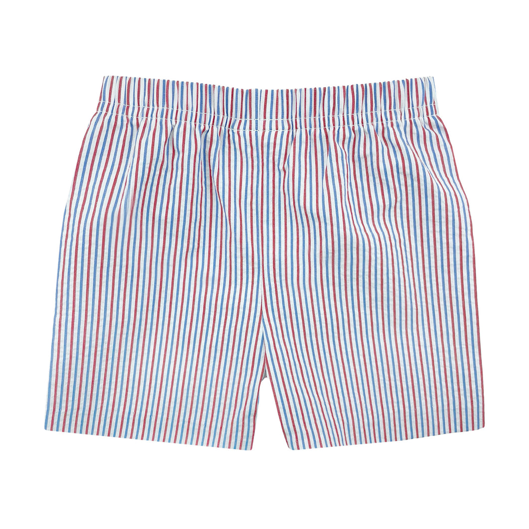 Get your little man ready for Independence Day with Boys 4th of July Striped Leo Seersucker Shorts from Zuccini Kids. Made with red, white, and blue seersucker stripes, these shorts are the perfect addition to a festive, patriotic outfit. Don't forget to pair them with our matching Harry's play tee for the ultimate 4th of July look!