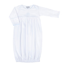 Load image into Gallery viewer, Welcome your little bundle of joy into the world with our Blessed Blue Smocked Boy Gown. Crafted from the softest materials, this gown features a delicate cross stitched in the center of the chest and intricate embroidery on the neckline and sleeves. Perfect for your little prince&#39;s first photos, this simple yet elegant design is sure to become a cherished keepsake for years to come.
