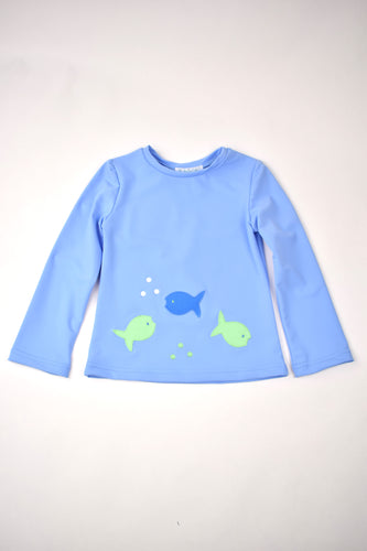 Protect your little one from the sun in style with our Blue Fish Rash Guard from Funtasia Too! The classic blue color and fun fish applique details make this rash guard both functional and fashionable. Complete the look with our Fish Swim Trunks for a perfect beach day outfit.
