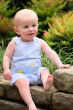 Load image into Gallery viewer, Introducing the Toddler Boy&#39;s Golf Cart Applique Shortall by FUntasia Too! Perfect for summer, this shortall will keep your little one cool and stylish. The adorable seersucker design includes a charming golf cart applique. Make your toddler the most fashionable golfer on the course!
