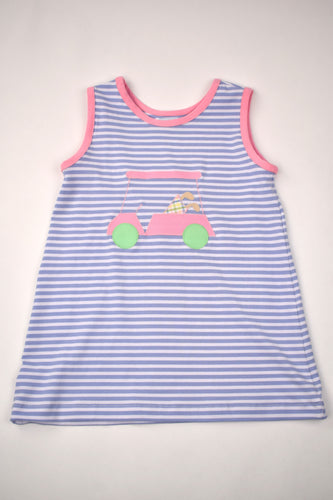 Let your little fashionista hit the green in style with our Golf Cart Striped Knit Dress! Made from soft knit fabric, this sleeveless dress features cute purple and white stripes and a golf cart applique. Perfect for your toddler to wear on the course or for any casual occasion.