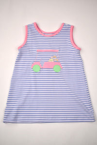 Let your little fashionista hit the green in style with our Golf Cart Striped Knit Dress! Made from soft knit fabric, this sleeveless dress features cute purple and white stripes and a golf cart applique. Perfect for your toddler to wear on the course or for any casual occasion.