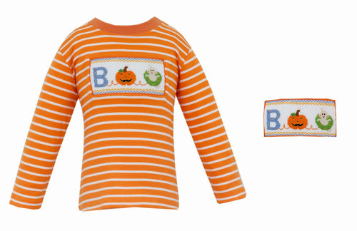 Celebrate Halloween in cozy style with the Boo! Boy's Orange Knit Smocked Tee from Anavini. This orange and white striped long sleeve tee combines comfort with festive charm, featuring an adorable smocked detail that spells out 