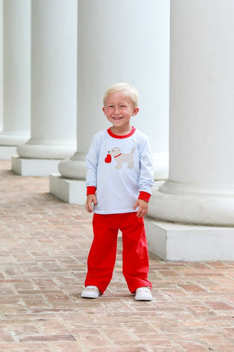Get ready to fall in love with our Boys Puppy Love Pants Set by Trotter Street Kids! This adorable set includes a light blue striped shirt featuring a cute puppy holding a heart appliqué, paired with comfy red pants. Perfect for any little boy who loves puppies and style!