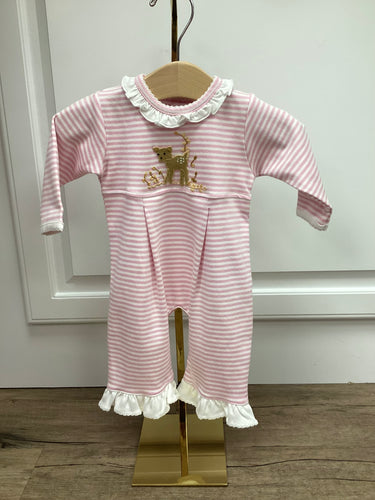 Dress your little girl in this adorable Infant Girls Pink Striped Fawn Romper from Squiggles! The pink and white stripes add a touch of sweetness, while the fawn applique and ruffle hem detail bring extra charm. Perfect for playtime, this romper will keep your little one comfy and stylish.