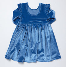 Load image into Gallery viewer, Pink Chicken’s Girls Natalie Dress in bright blue velour brings warmth and vibrant color to every fall day. Its soft, luxurious fabric and playful drop hem create effortless movement, making it an irresistible choice for girls who love comfort and style from toddler to tween.
