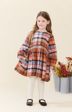 Load image into Gallery viewer, Celebrate autumn in vibrant style with the Girls Mae Dress - Hayride Plaid by Pink Chicken. Its warm orange plaid and button-down design bring cozy charm and effortless comfort, making it the perfect choice for spirited tweens ready to embrace the season with confidence!
