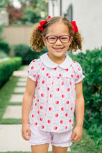 Load image into Gallery viewer, Dress your little one in the enchanting Apple Blossoms Bloomer Set by The Proper Peony. This delightful ensemble features charming apple and bow prints, complemented by a soft white Peter Pan collar. Crafted from luxurious Pima cotton, it offers unmatched comfort—perfect for those memorable first school days!
