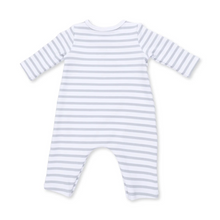 Load image into Gallery viewer, Mama Mallard Long Sleeve Striped Romper- Quack into cuteness with our&nbsp;Long Sleeve Snap Shoulder Romper, crafted from soft organic cotton jersey. Featuring a charming mallard duck applique/embroidery, this easy-snap one-piece is perfect for little pond explorers or cozy nap time.
