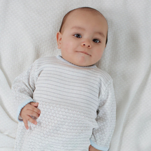 Load image into Gallery viewer, Dress your little one in cozy style with the Infant Boys Knit Pinstripe Romper from Paty. Crafted from the softest knit fabric, this romper ensures all-day comfort while its timeless pinstripe design adds a touch of classic charm. Perfect for keeping baby snug and stylish, it’s an essential piece every parent will love.
