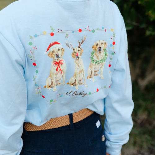 Everyday clothing will seem more festive with this Light Blue Long-sleeved tee with Christmas Labs. It is made from soft cotton which makes it perfect for staying warm and cozy during the holidays. The charming print adds personality and fun that makes it ideal for casual get togethers and holiday playdates or just lounging in style.

