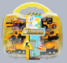 Load image into Gallery viewer, 15pc Construction Vehicle Playset. Includes Carry Case, 6 allow dicast Construction vehicles. playmat, 4 street signs, 2 street cones, 1 gas station, 2 trees. Great for on the go fun or to keep at Grandma's house!
