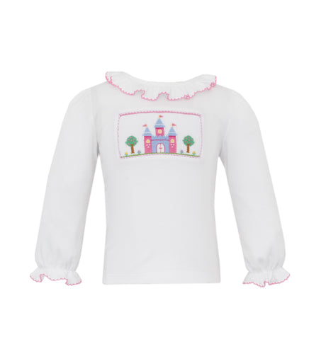 Elevate your little girl's wardrobe with our Girls Castle Smocked Long Sleeve Tunic. Featuring a royal princess castle design smocked onto a light blue knit fabric, this top is fit for a princess. The long sleeves provide warmth and comfort, making it perfect for any occasion.
