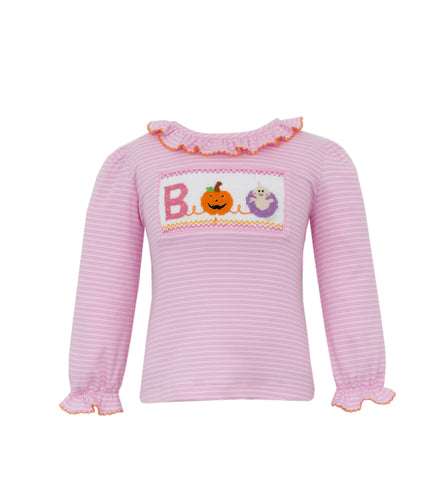Celebrate Halloween in cozy style with the Boo! Girl's Pink Knit Smocked Tee from Anavini. This soft pink and white striped long sleeve tee combines comfort with festive charm, featuring an adorable smocked detail that spells out 