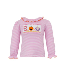 Celebrate Halloween in cozy style with the Boo! Girl's Pink Knit Smocked Tee from Anavini. This soft pink and white striped long sleeve tee combines comfort with festive charm, featuring an adorable smocked detail that spells out "BOO" with playful Halloween images. Perfect for little girls who want to enjoy the season in a fun, cozy way.